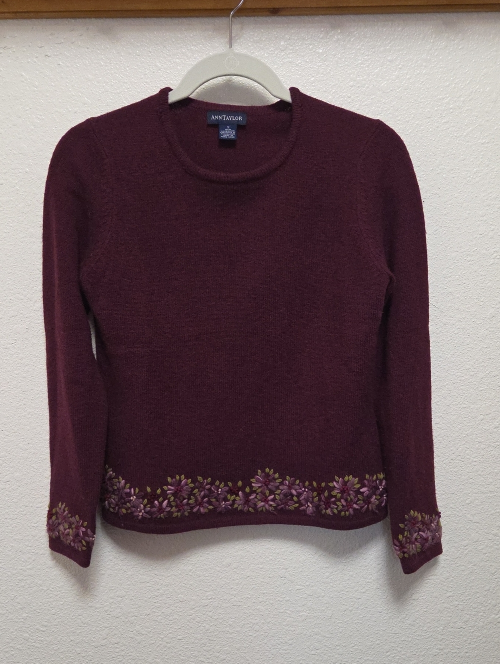 Ann Taylor 100 Percent Lambswool Plum Crewneck Sweater with Embroidered Hem